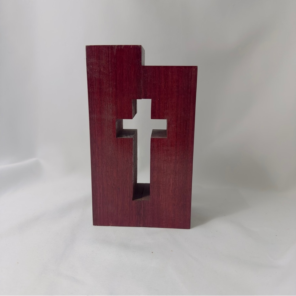 Wooden Cross Cutout Decor Rustic Double Tealight Candle Holder Dark Brown